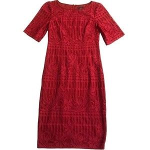 ADRIANNA PAPELL Dress Fitted Red Short Sleeve Lace Zipper Size 4